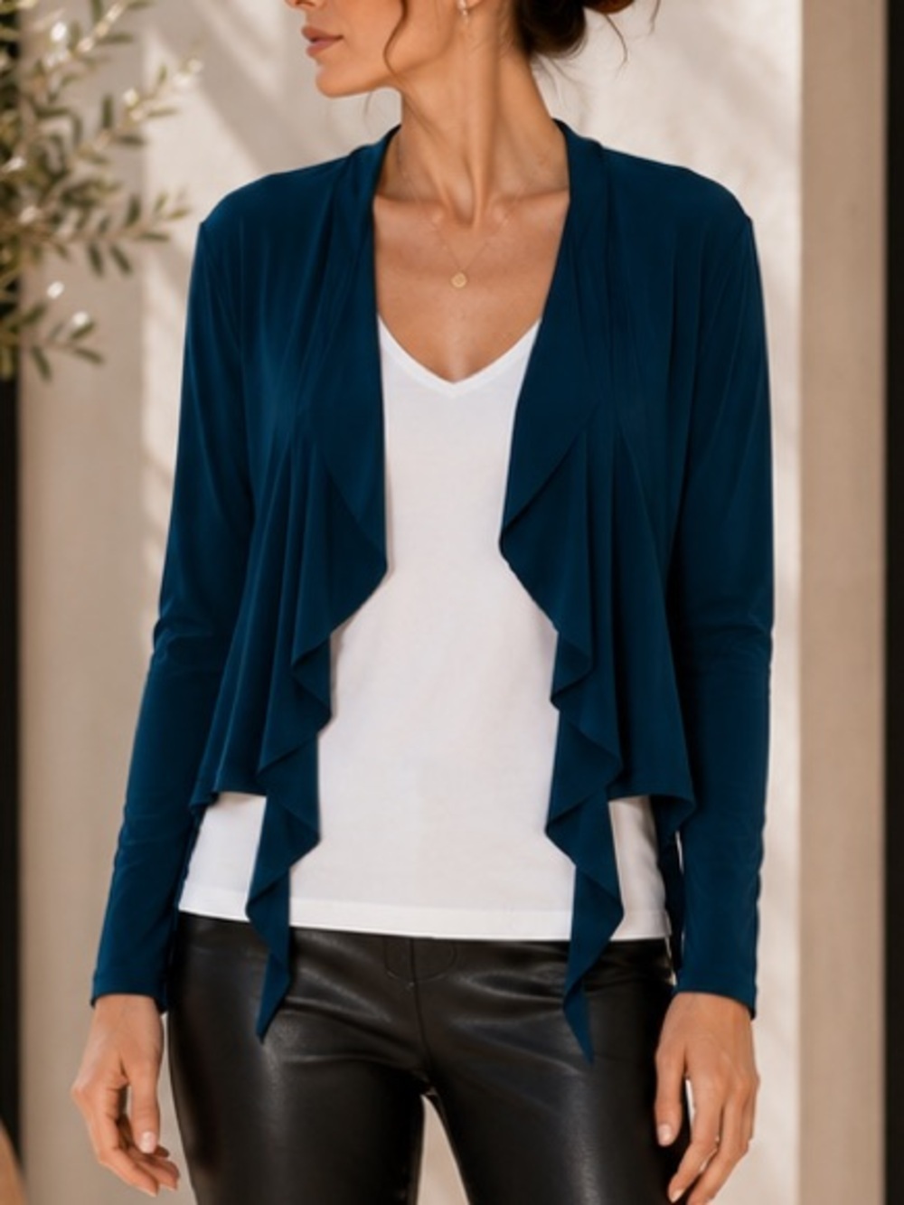 NWT Sympli Romance Cardigan Teal Jersey Liquid Slinky Waterfall Size 8